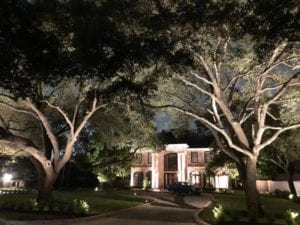 front driveway lit up by outdoor lighting