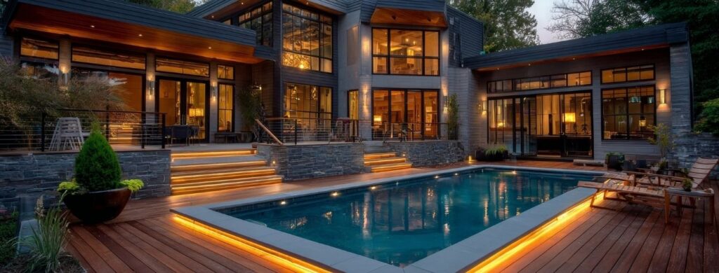 A gorgeous patio lit up to show off the architecture of the home and the pool.